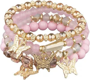 Pingyongchang Bohemian Bracelets for Women Boho Multi-Layer Gold Beaded Stackable Stretch Bracelet Set Handmade Multicolor Butterfly Elastic Colorful Charm Bracelets Jewelry