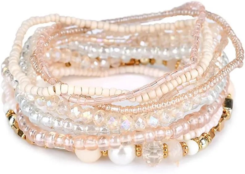 Pingyongchang Bohemian Stackable Bead Bracelets for Women Multilayer Stretch Bangles Bracelet Set Handmade Multicolor Crystal Beaded Bracelets Set Boho Charms Jewelry