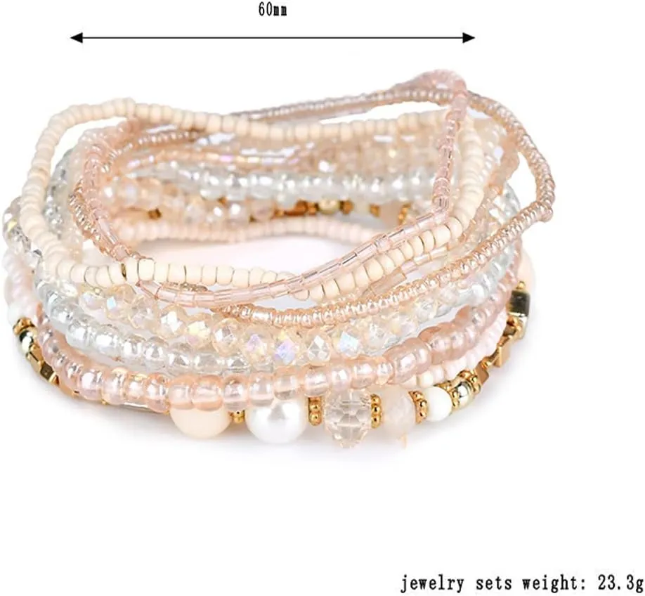 Pingyongchang Bohemian Stackable Bead Bracelets for Women Multilayer Stretch Bangles Bracelet Set Handmade Multicolor Crystal Beaded Bracelets Set Boho Charms Jewelry