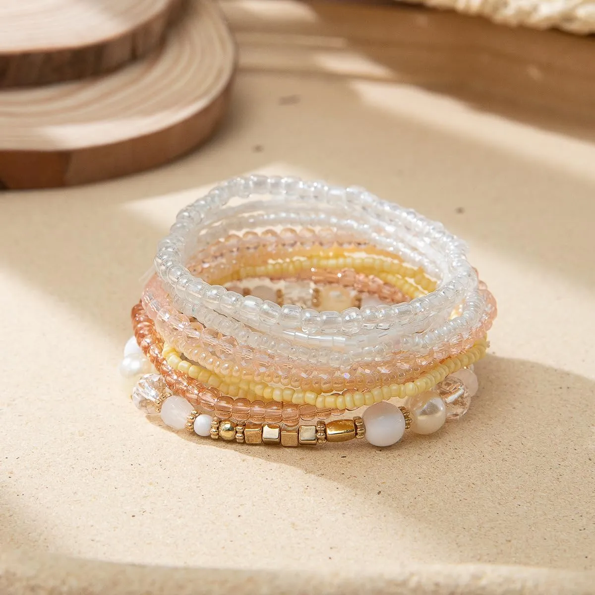 Pingyongchang Bohemian Stackable Bead Bracelets for Women Multilayer Stretch Bangles Bracelet Set Handmade Multicolor Crystal Beaded Bracelets Set Boho Charms Jewelry