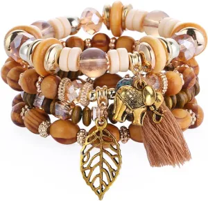 Pingyongchang Boho Stackable Beaded Strand Stretch Leaf Charm Bangles Blacelet Bohemian Mix Bead Multi-Layer Bead Crystal Tatement Bracelets for Women Men Gifts Jewelry