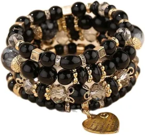 Pingyongchang Stackable Beaded Bracelets for Women Multi-Layer Mixed Color Beaded Stretch Bracelet Crystal Stone Heart Letter Gold Charm Gemstone Bangles for Women Men Boho Summer Beach Jewelry