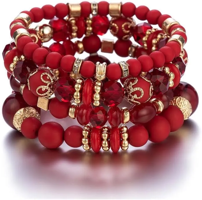 Pingyongchang Stackable Beaded Bracelets for Women Multi-Layer Mixed Color Beaded Stretch Bracelet Crystal Stone Heart Letter Gold Charm Gemstone Bangles for Women Men Boho Summer Beach Jewelry