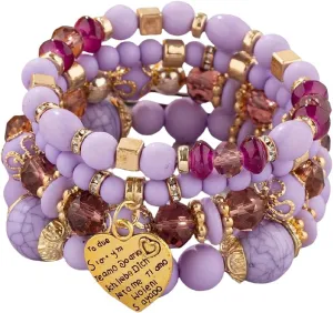 Pingyongchang Stackable Beaded Bracelets for Women Multi-Layer Mixed Color Beaded Stretch Bracelet Crystal Stone Heart Letter Gold Charm Gemstone Bangles for Women Men Boho Summer Beach Jewelry