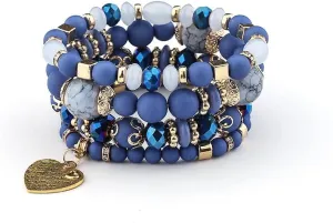 Pingyongchang Stackable Beaded Bracelets for Women Multi-Layer Mixed Color Beaded Stretch Bracelet Crystal Stone Heart Letter Gold Charm Gemstone Bangles for Women Men Boho Summer Beach Jewelry