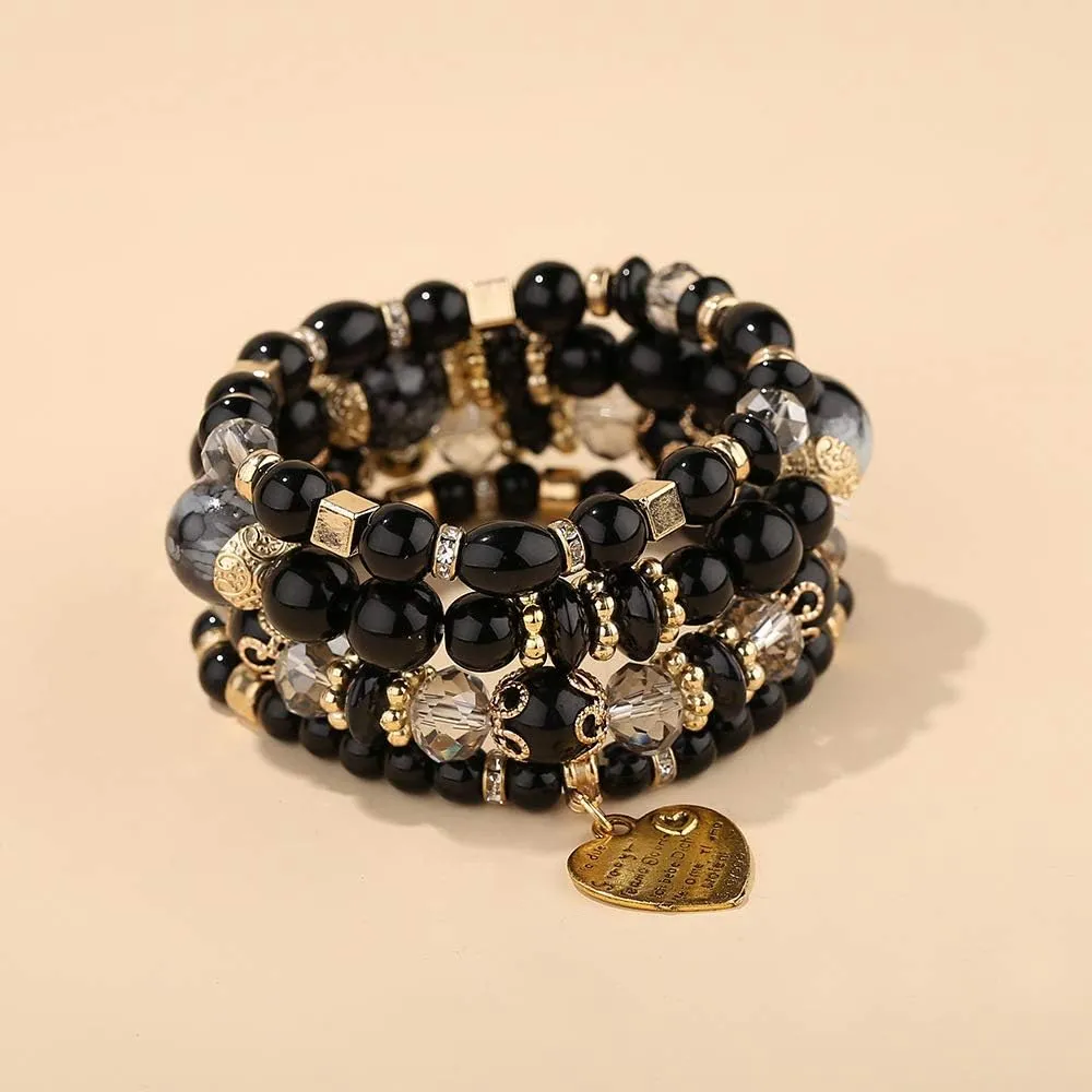 Pingyongchang Stackable Beaded Bracelets for Women Multi-Layer Mixed Color Beaded Stretch Bracelet Crystal Stone Heart Letter Gold Charm Gemstone Bangles for Women Men Boho Summer Beach Jewelry