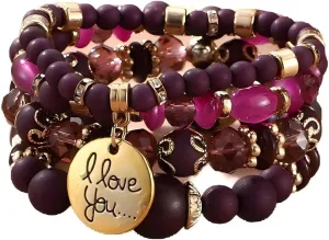 Pingyongchang Stackable Beaded Bracelets for Women Multi-Layer Mixed Color Beaded Stretch Bracelet Crystal Stone Letter LOVE YOU Gold Charm Gemstone Bangles for Women Men Jewelry
