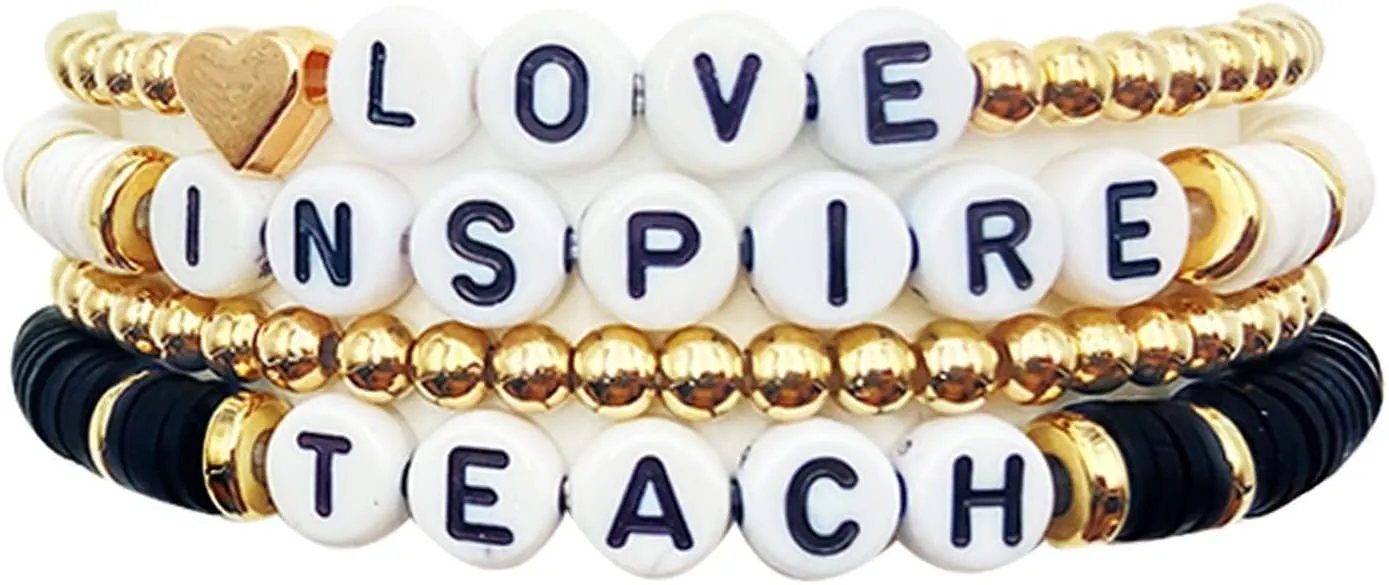 Pingyongchang Teacher Bracelet - Mixed Color Polymer Clay Bohemian Handmade Beaded Bracelets for Women - Love Teach Inspire Jewelry for Teacher Appreciation