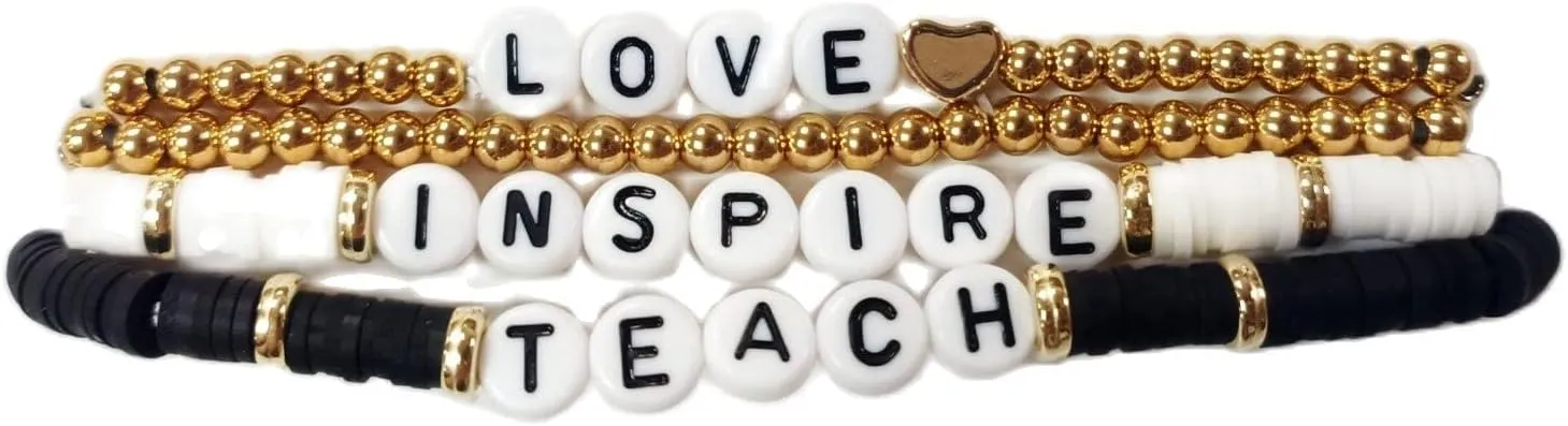 Pingyongchang Teacher Bracelet - Mixed Color Polymer Clay Bohemian Handmade Beaded Bracelets for Women - Love Teach Inspire Jewelry for Teacher Appreciation