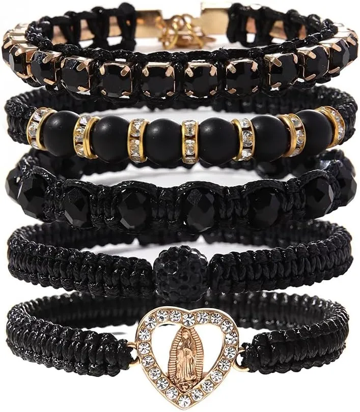 Pink Virgin Mary String Bracelet Set Handmade Mexican Tennis Crystal Boho Bracelets Stack For Women Lucky Friendship Catholic Religious Rosary