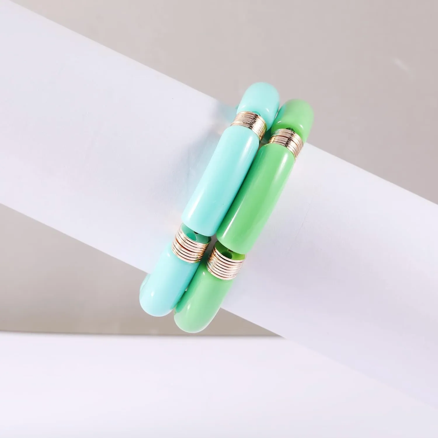 PIPITREE Bamboo Tube Bangles Bracelet For Women Chunky Curved Stacking Clear Acrylic Colorful Beads Stretchable Gold Bracelets Friendship Summer Beach Jewelry
