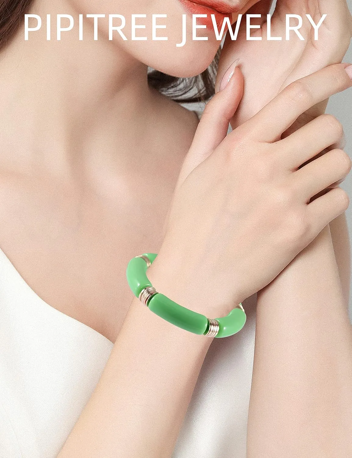 PIPITREE Bamboo Tube Bangles Bracelet For Women Chunky Curved Stacking Clear Acrylic Colorful Beads Stretchable Gold Bracelets Friendship Summer Beach Jewelry