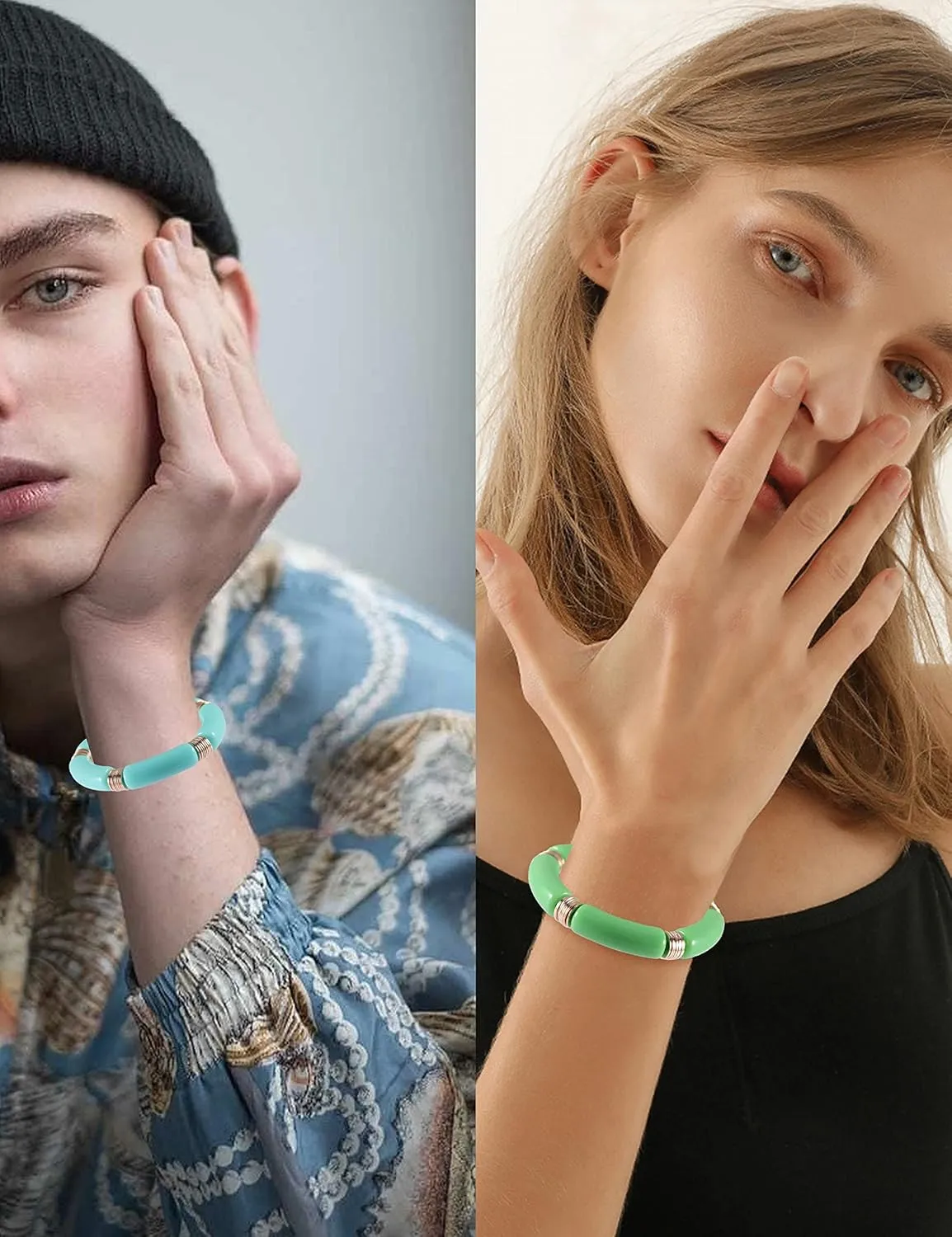 PIPITREE Bamboo Tube Bangles Bracelet For Women Chunky Curved Stacking Clear Acrylic Colorful Beads Stretchable Gold Bracelets Friendship Summer Beach Jewelry
