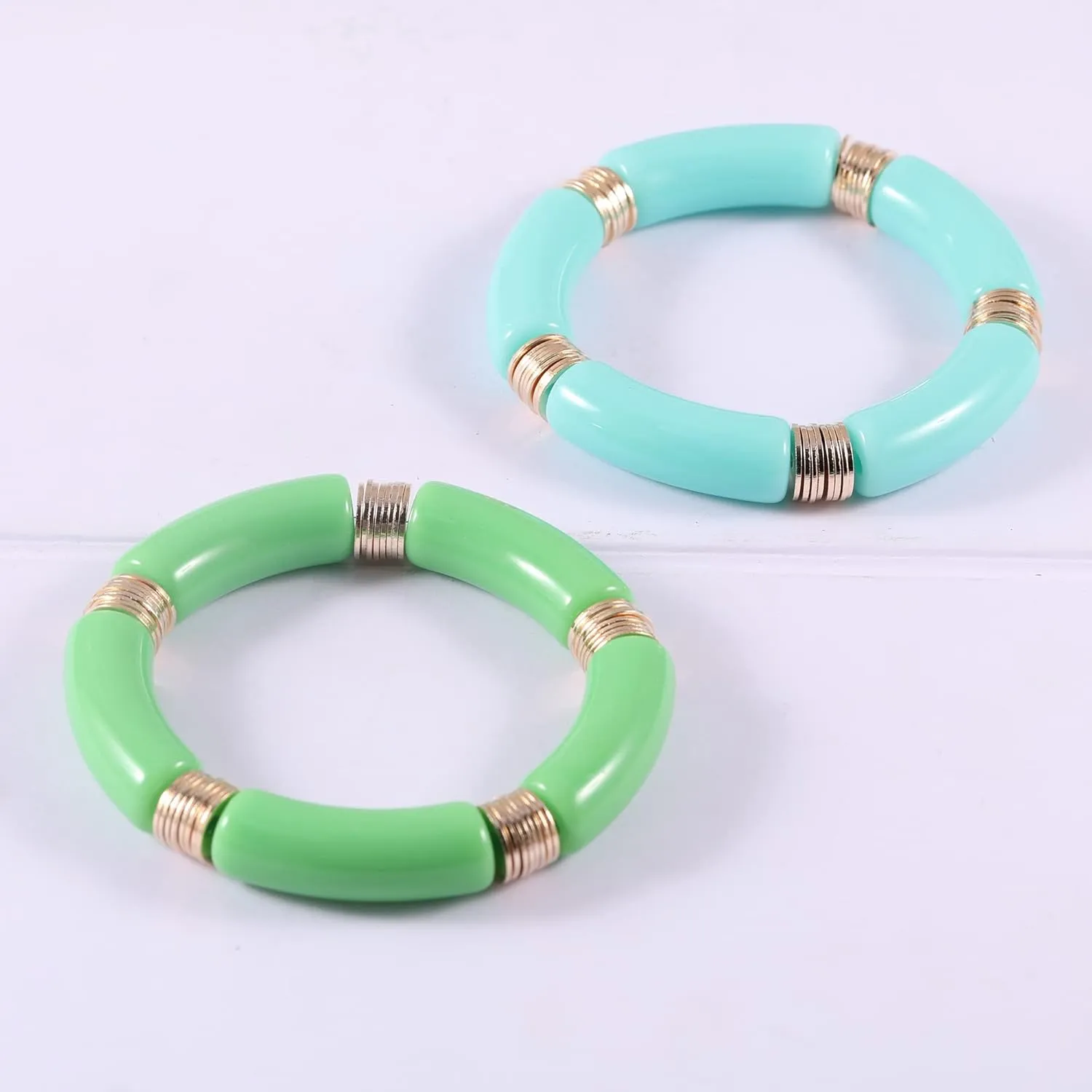 PIPITREE Bamboo Tube Bangles Bracelet For Women Chunky Curved Stacking Clear Acrylic Colorful Beads Stretchable Gold Bracelets Friendship Summer Beach Jewelry