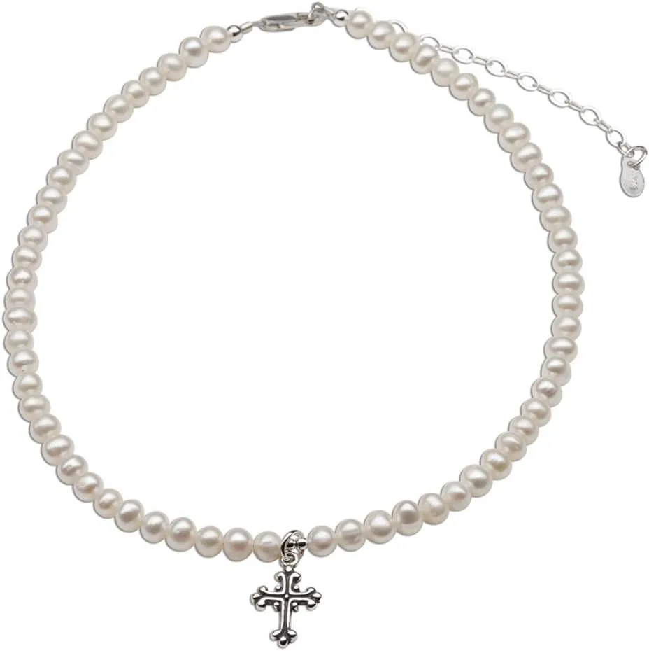 Precious Pieces Children's Sterling Silver Baptism, Christening or First Communion Cross Bracelet and/or Necklace with Cultured Pearl