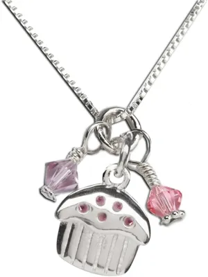 Precious Pieces Children's Sterling Silver Birthday Cupcake Necklace with High-End Crystal Charms, 14"