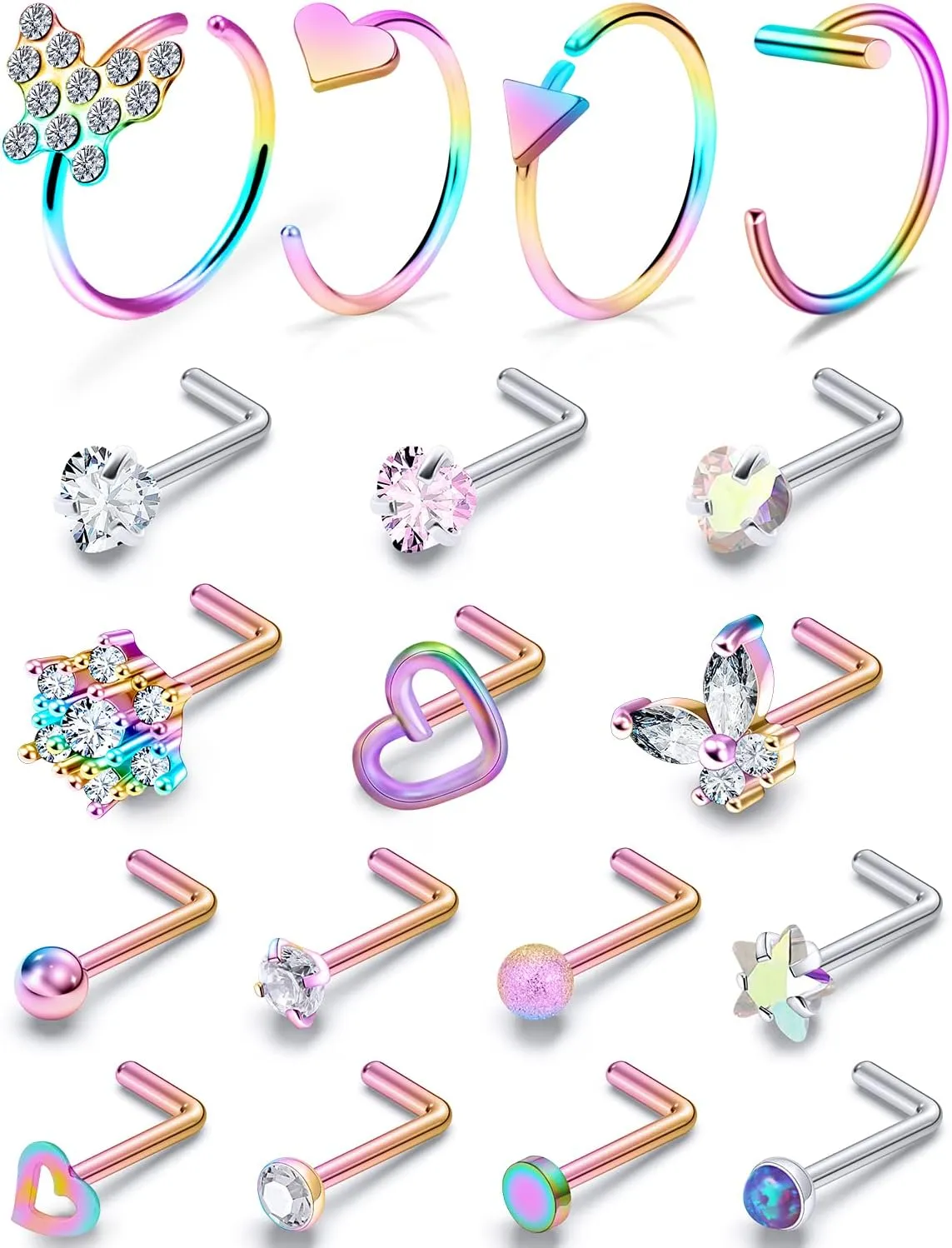 Prjndjw 20G Nose Rings Hoop Surgical Stainless Steel L-Shaped hypoallergenic nose ring indian Nose Rings Studs Screw Clear CZ diamond Retainer Tragus Cartilage Helix Earrings Piercing Hoop 20 Gauge