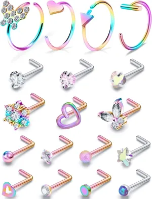 Prjndjw 20G Nose Rings Hoop Surgical Stainless Steel L-Shaped hypoallergenic nose ring indian Nose Rings Studs Screw Clear CZ diamond Retainer Tragus Cartilage Helix Earrings Piercing Hoop 20 Gauge