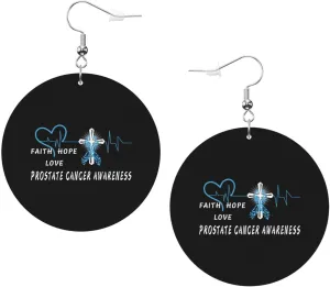 Prostate Cancer Awareness Faith Hope Leather Round Dangle Earrings for Women Double-Sided Design with Hook