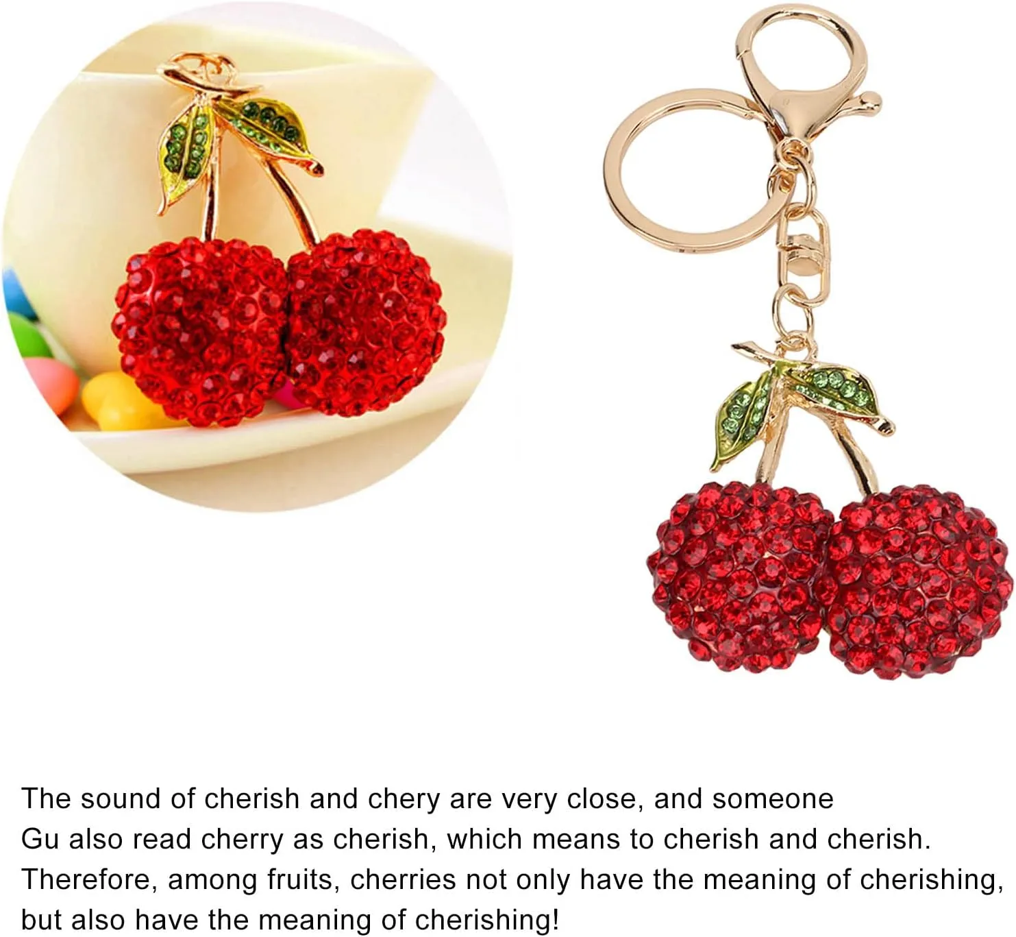 Pssopp Rhinestone Keychain Cherry Key Ring Rhinestones Stylish Pendant Cute Fashion Hanging Pendants for Car Purse Backpack(Red)