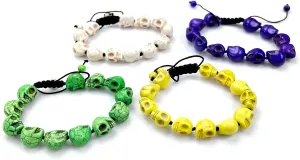 PURPLE WHALE Created Turquoise Skull Beaded Bracelet for Men, Women, Tibetan Prayer Skeleton Hand Bracelet, Hand Knotted Goth Stone Bead Wristband for Meditation, Assorted Colors, Set of 4