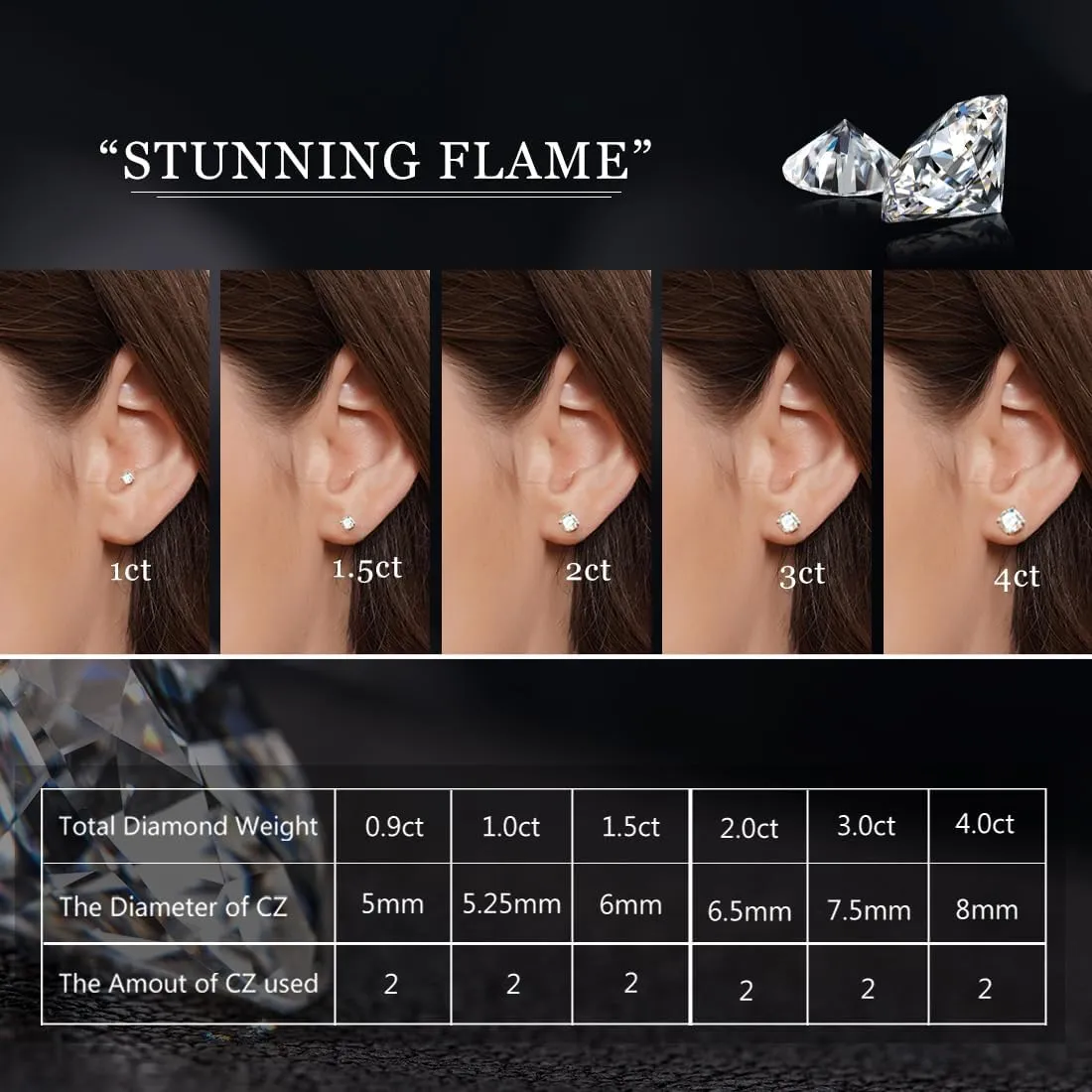 "STUNNING FLAME" Solid 14K Gold Post & Sterling Silver Round Cut Cubic-Zirconia Stud CZ Earrings | Hypoallergenic Jewelry