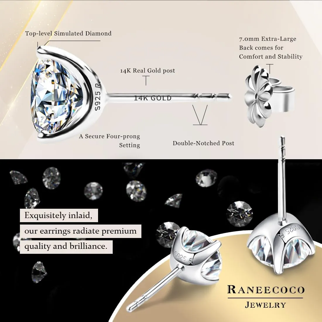 "STUNNING FLAME" Solid 14K Gold Post & Sterling Silver Round Cut Cubic-Zirconia Stud CZ Earrings | Hypoallergenic Jewelry