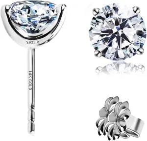 "STUNNING FLAME" Solid 14K Gold Post & Sterling Silver Round Cut Cubic-Zirconia Stud CZ Earrings | Hypoallergenic Jewelry