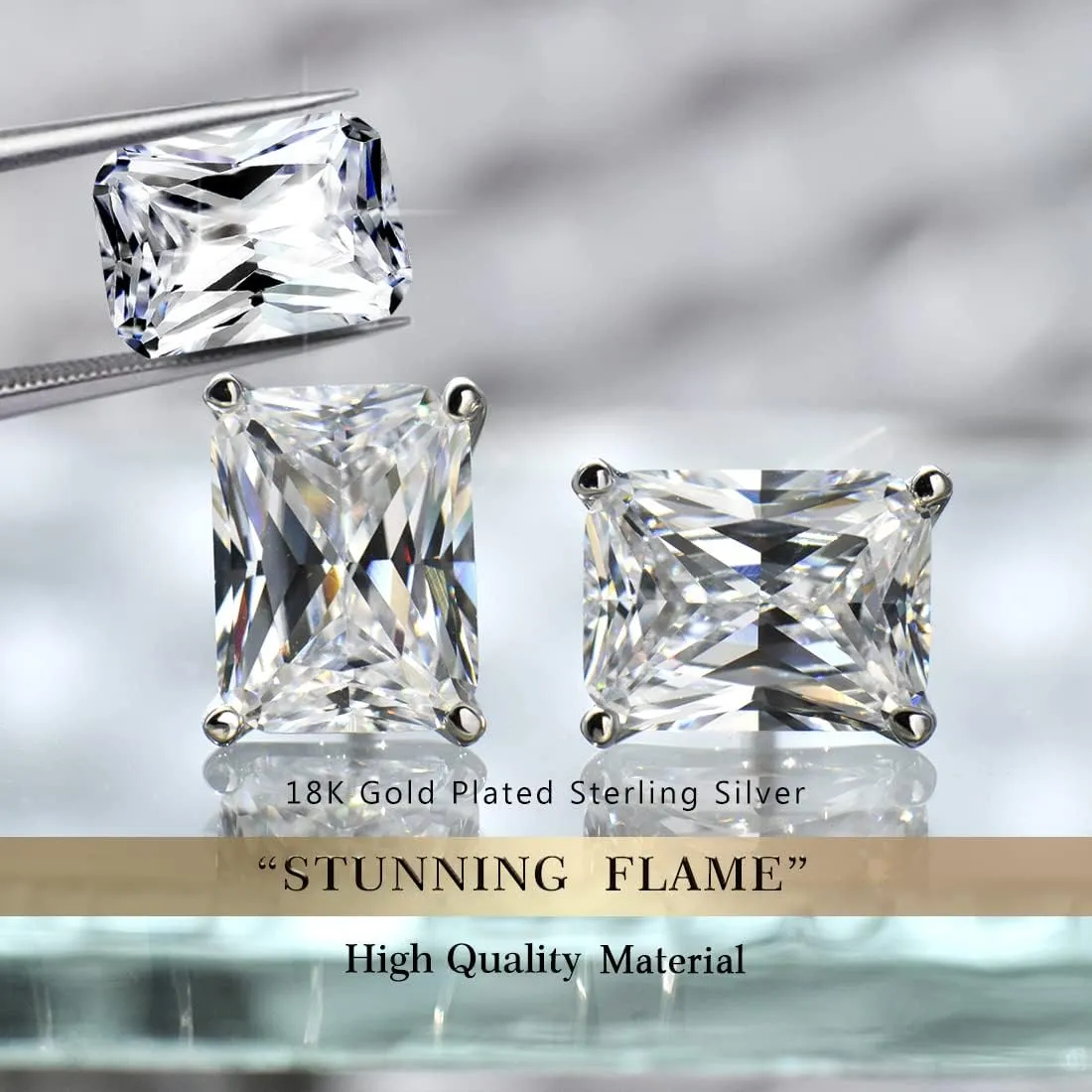 "STUNNING FLAME" Trillion-cut/Cushion-cut/Emerald-cut/Marquise-cut ... 18K White Gold Plated Sterling Silver Cubic Zirconia Simulated Diamond Stud Earrings for Women