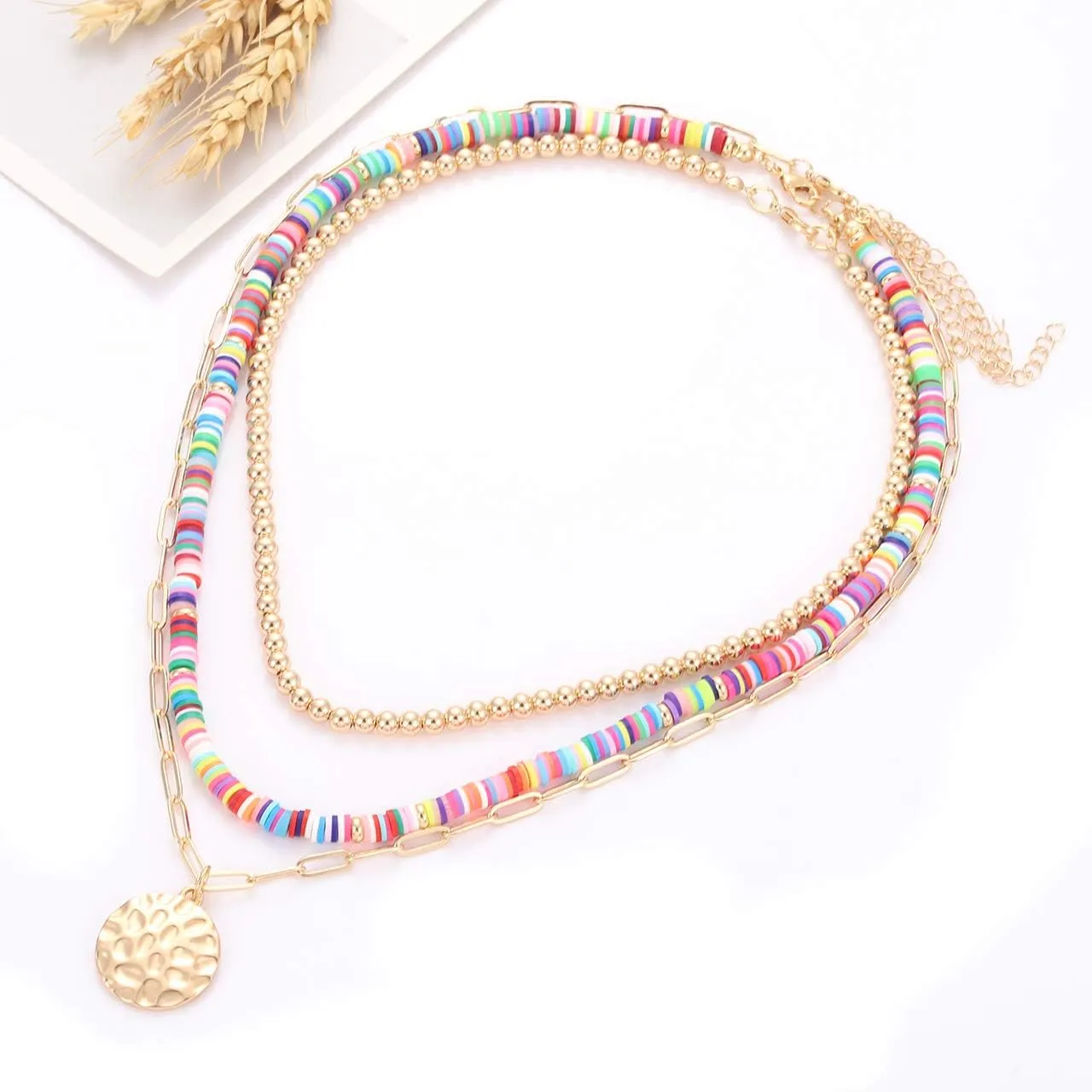 Rainbow Surfer Heishi Necklace for Women Stackable Ball Beaded Choker Necklace Layered Paperclip Link Chain Necklaces Summer Beach Jewelry Set