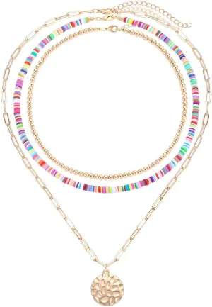 Rainbow Surfer Heishi Necklace for Women Stackable Ball Beaded Choker Necklace Layered Paperclip Link Chain Necklaces Summer Beach Jewelry Set