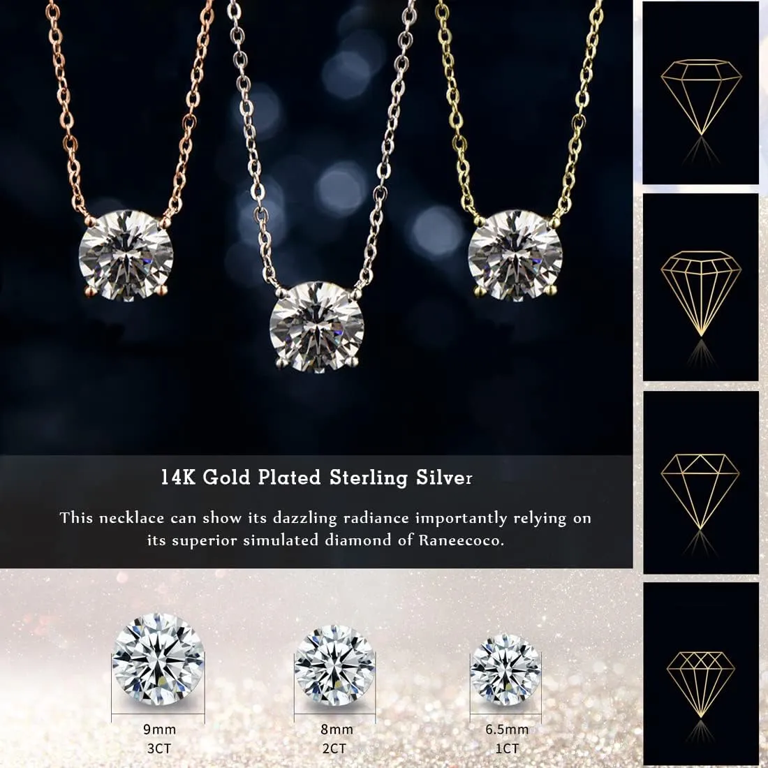 Raneecoco STUNNING FLAME 1.0-3.0 Carat Sterling Silver Cubic Zirconia Necklace for Women | 1 ct Simulated Diamond | Round CZ Solitaire Gold Pated Dainty Pendant Necklace, 40 5cm Chain