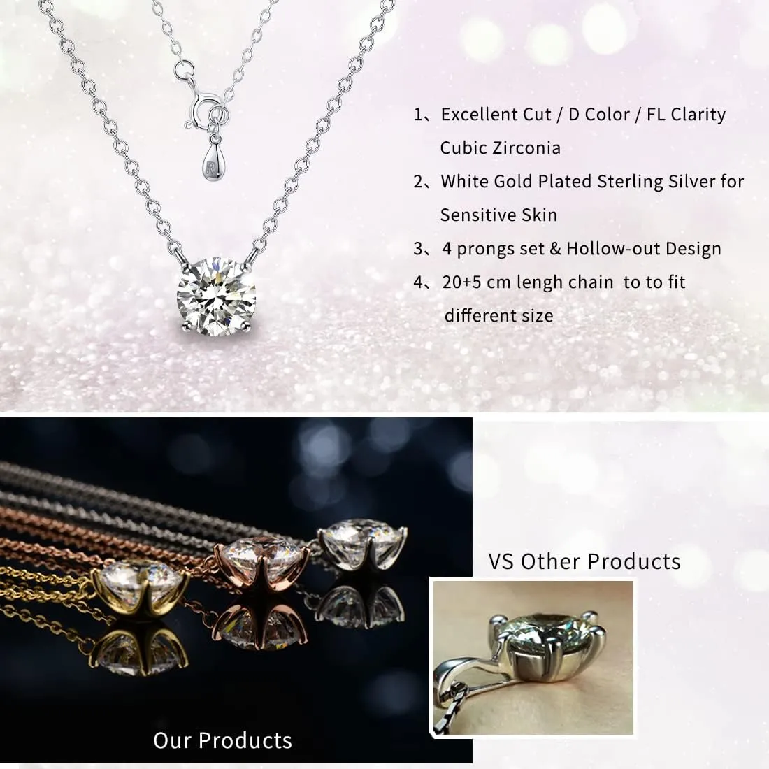 Raneecoco STUNNING FLAME 1.0-3.0 Carat Sterling Silver Cubic Zirconia Necklace for Women | 1 ct Simulated Diamond | Round CZ Solitaire Gold Pated Dainty Pendant Necklace, 40 5cm Chain
