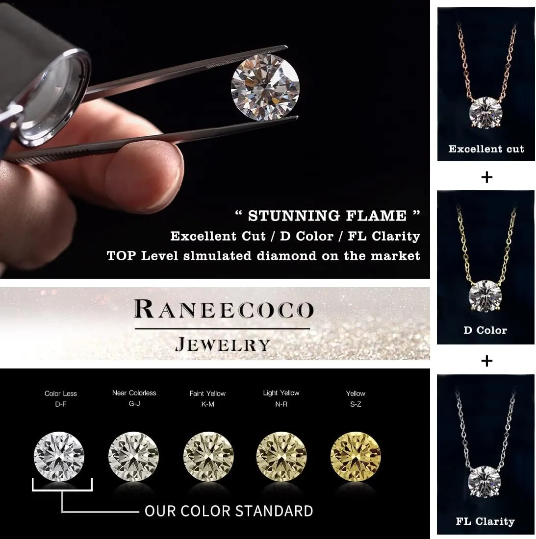 Raneecoco STUNNING FLAME 1.0-3.0 Carat Sterling Silver Cubic Zirconia Necklace for Women | 1 ct Simulated Diamond | Round CZ Solitaire Gold Pated Dainty Pendant Necklace, 40 5cm Chain