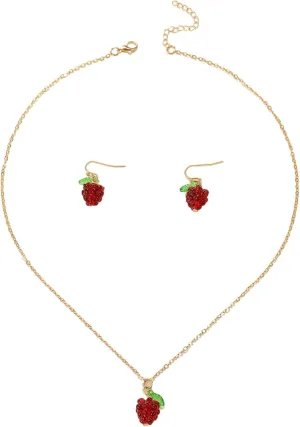 Raspberry Charm Jewelry Set for Women Fashionable Alloy Necklace and Earrings Fruit Theme Accessories for Daily Wear