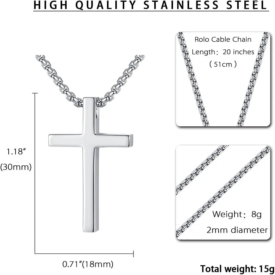 Reve Simple Stainless Steel Silver Tone Cross Pendant Chain Necklace for Men Women, 20-22 Inches