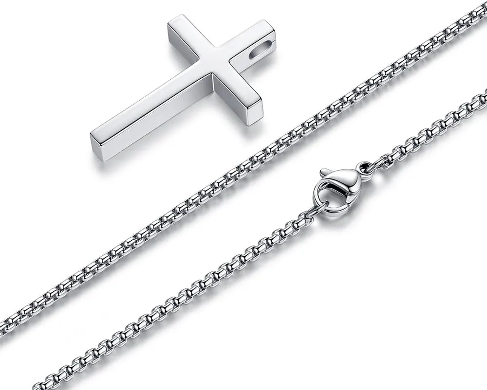 Reve Simple Stainless Steel Silver Tone Cross Pendant Chain Necklace for Men Women, 20-22 Inches