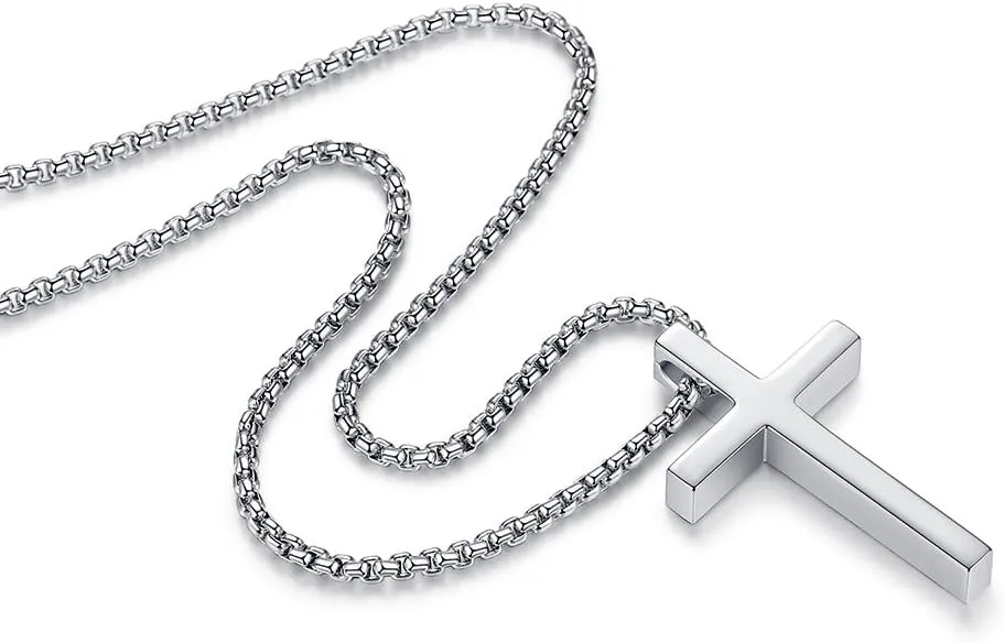 Reve Simple Stainless Steel Silver Tone Cross Pendant Chain Necklace for Men Women, 20-22 Inches