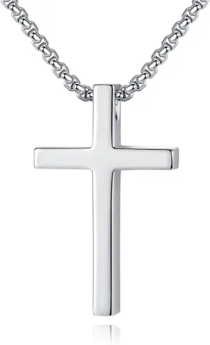 Reve Simple Stainless Steel Silver Tone Cross Pendant Chain Necklace for Men Women, 20-22 Inches