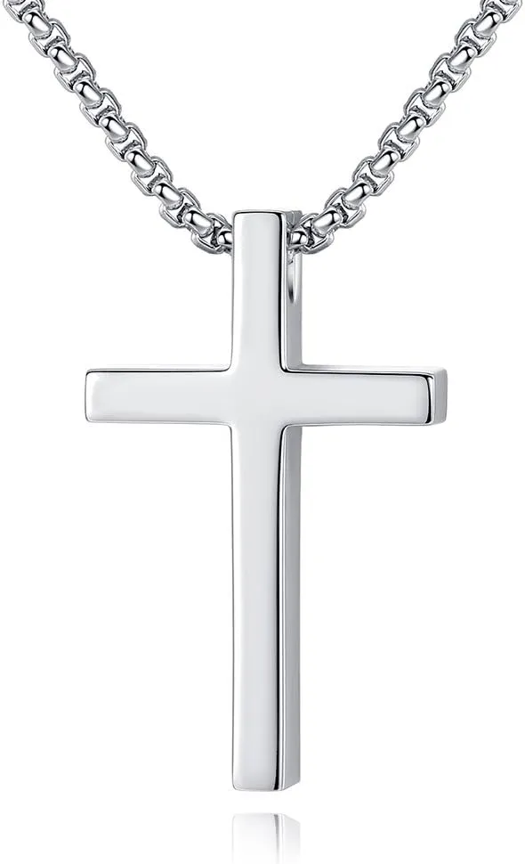 Reve Simple Stainless Steel Silver Tone Cross Pendant Chain Necklace for Men Women, 20-22 Inches