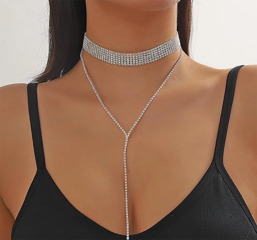 Rhinestone Necklace Synthetic Dainty Chain Tessal Drop Necklace Sparkly Silver Choker Necklaces for Women