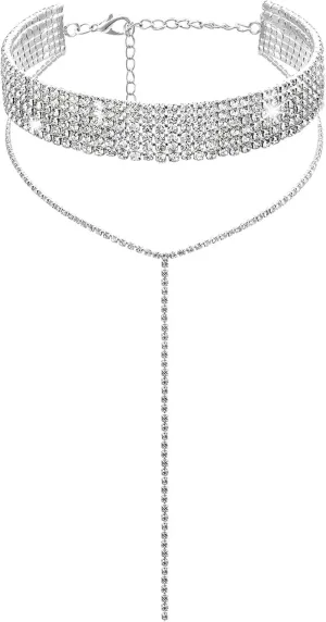 Rhinestone Necklace Synthetic Dainty Chain Tessal Drop Necklace Sparkly Silver Choker Necklaces for Women