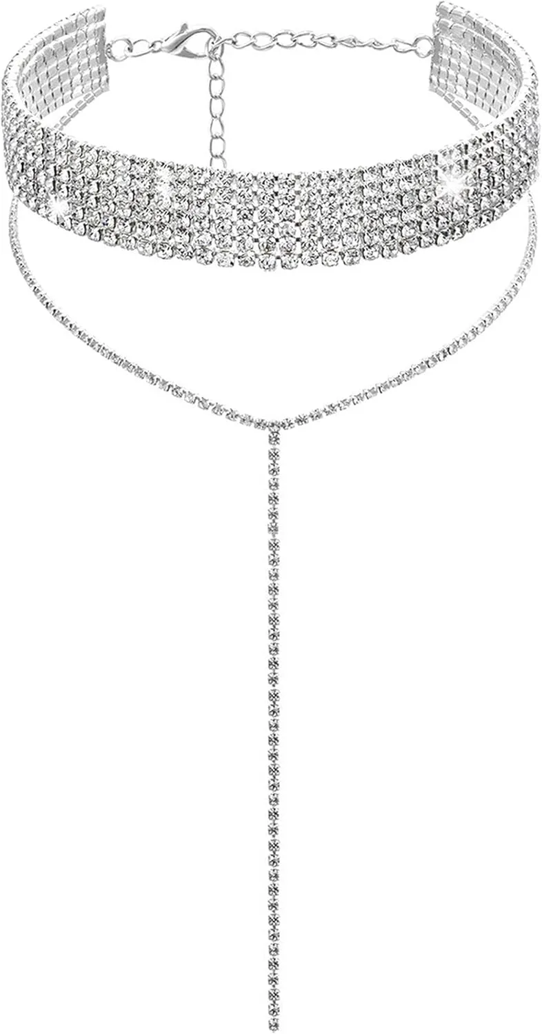 Rhinestone Necklace Synthetic Dainty Chain Tessal Drop Necklace Sparkly Silver Choker Necklaces for Women