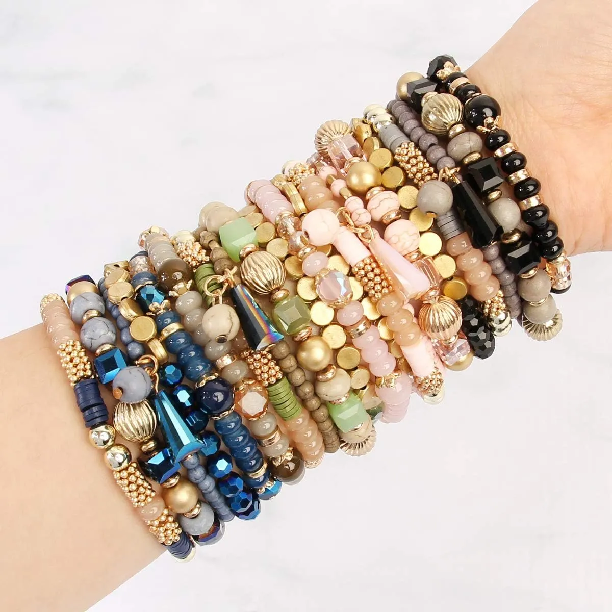 RIAH FASHION Bohemian Mix Bead Multi Layer Versatile Statement Bracelets - Stackable Beaded Strand Stretch Bangles Sparkly Crystal, Tassel Charm