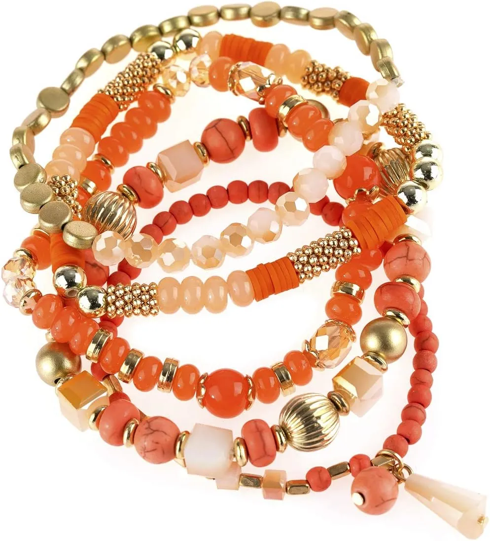 RIAH FASHION Bohemian Mix Bead Multi Layer Versatile Statement Bracelets - Stackable Beaded Strand Stretch Bangles Sparkly Crystal, Tassel Charm