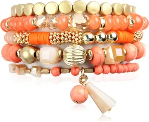 RIAH FASHION Bohemian Mix Bead Multi Layer Versatile Statement Bracelets - Stackable Beaded Strand Stretch Bangles Sparkly Crystal, Tassel Charm