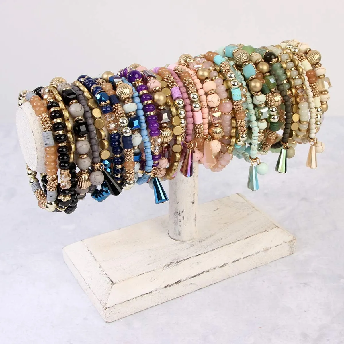 RIAH FASHION Bohemian Mix Bead Multi Layer Versatile Statement Bracelets - Stackable Beaded Strand Stretch Bangles Sparkly Crystal, Tassel Charm