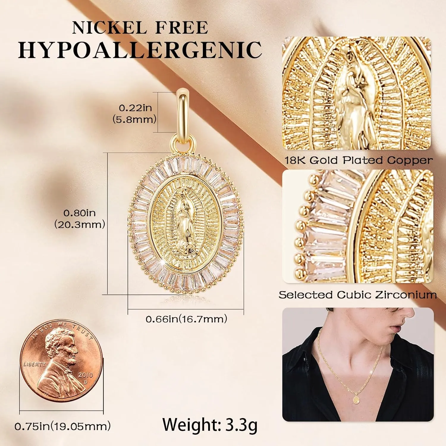 Richapex 18K Gold Necklace for Men Women, Virgin Mary Pendant, Mens Chain Necklaces, Women Necklace Chain 23-25 Inch