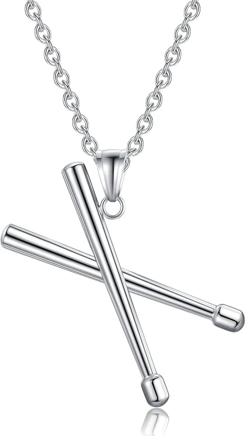 Rock Drum Stick Pendant Necklace for Men Stainless Steel Cross Drumstick Necklace, Drummer Music Charm Memorial Keepsake Jewelry
