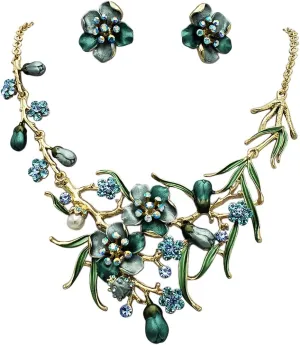 Rosemarie & Jubalee Women's Stunning 3D Metal Flowers With Colorful Resin And Crystal Vine Necklace And Earrings Gift Set, 14" 3" Extension
